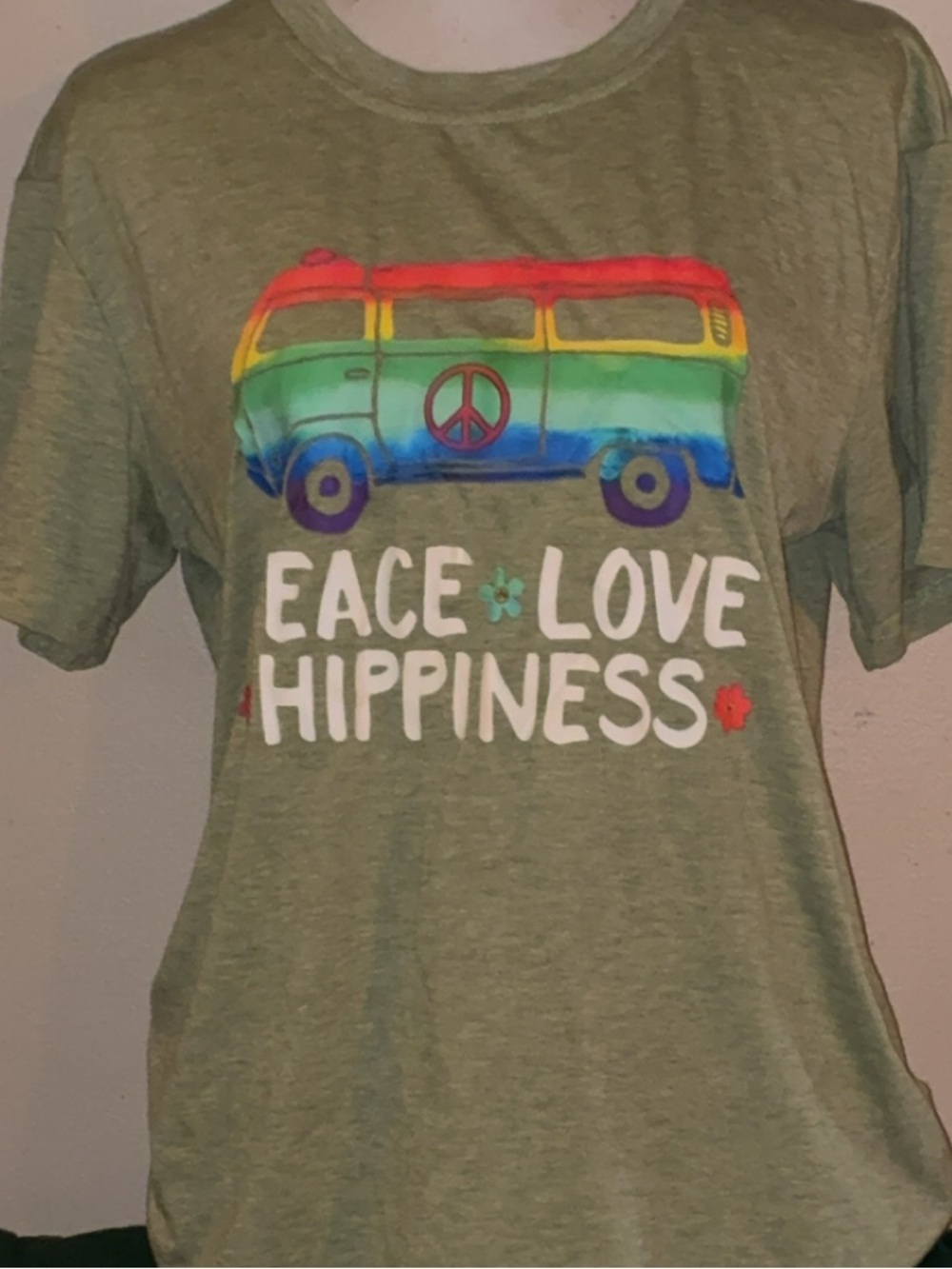 Peace Love Hippiness Olive Graphic Tee Medium Retro Hippie Van Shirt